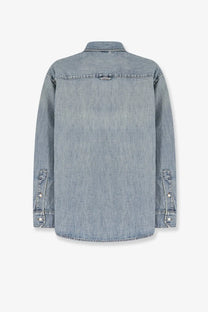 Miu Miu women’s blue light-wash denim button-up shirt with classic collar and rolled cuffs