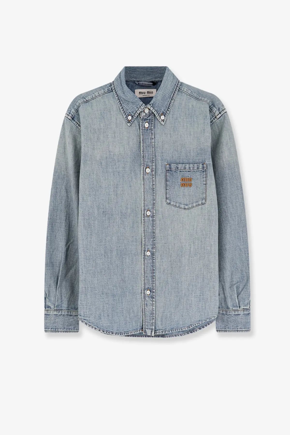 Miu Miu women’s light-wash denim button-up shirt in blue with classic collar and chest pocket embroidered logo patch