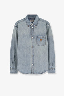 Miu Miu women’s light-wash denim button-up shirt in blue with classic collar and chest pocket embroidered logo patch