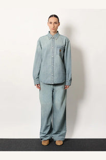 Miu Miu women’s light-wash denim button-up shirt in blue with classic collar chest pocket and subtle stitching details