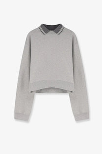 Miu Miu women’s élange cotton sweatshirt grey with gray cropped fit and dark gray collar featuring white striped trim