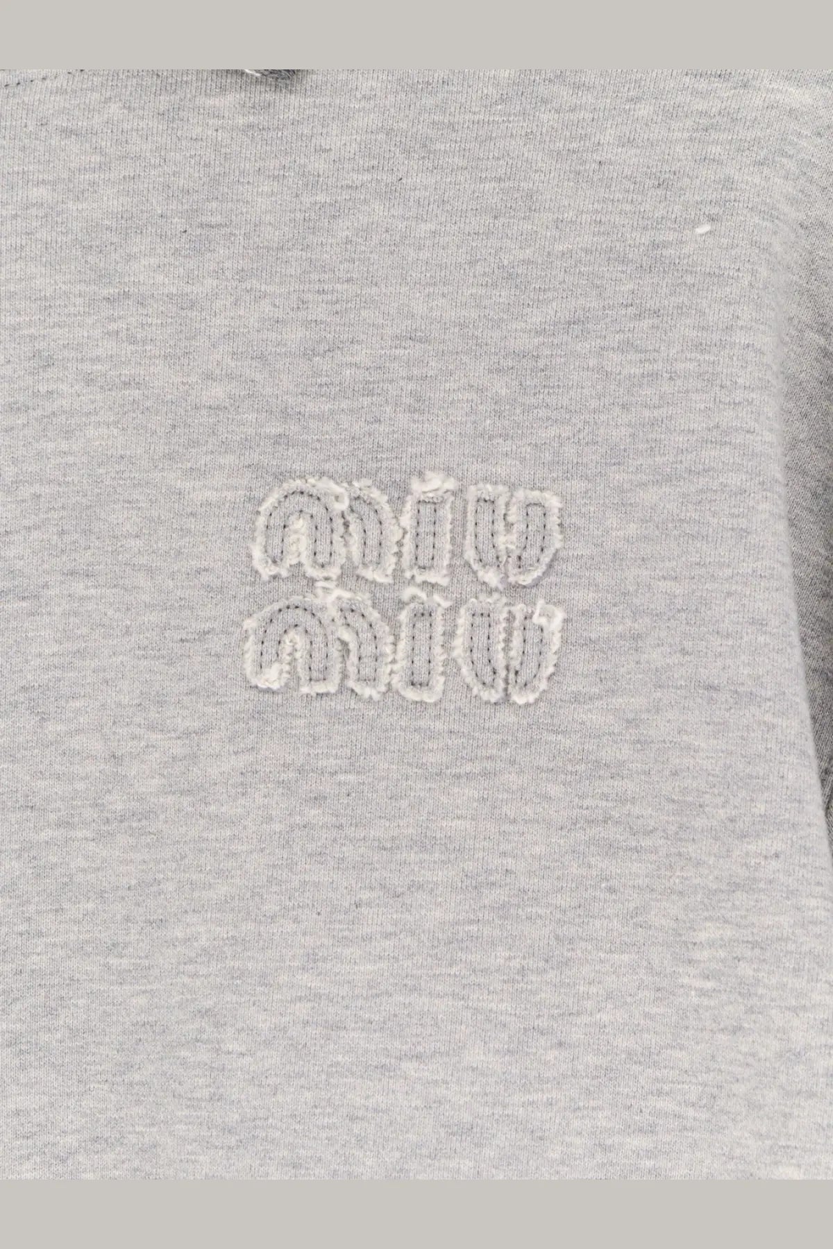 Miu miu women’s gray heathered cotton sweatshirt with white embroidered logo and hoodie design