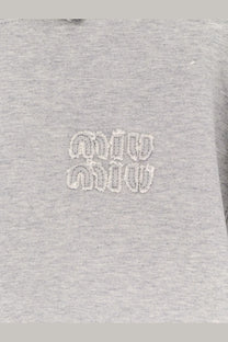 Miu miu women’s gray heathered cotton sweatshirt with white embroidered logo and hoodie design