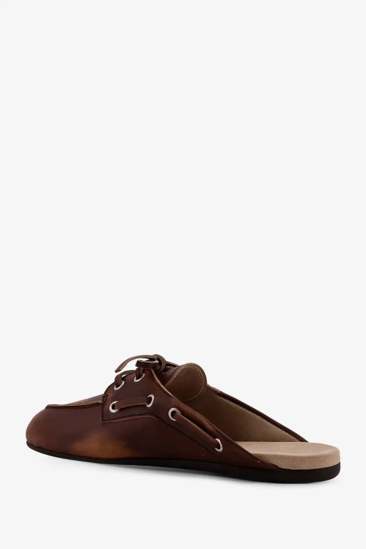 Miu Miu women’s Élavé beige brown leather mule slip-on shoe with lace-up detailing and silver eyelets
