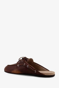 Miu Miu women’s Élavé beige brown leather mule slip-on shoe with lace-up detailing and silver eyelets