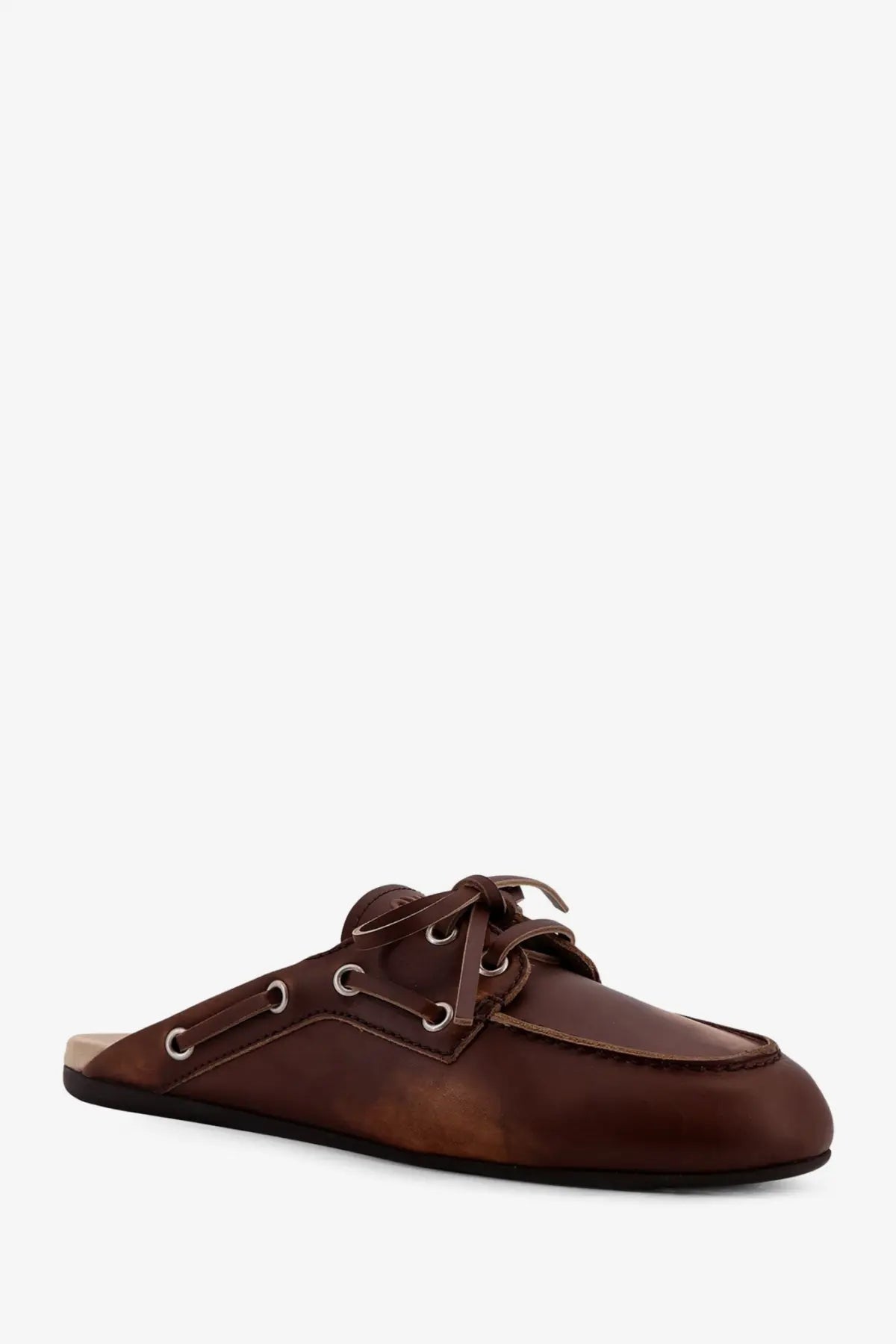 Miu Miu women’s beige éclair leather slip-on moccasin with lace-up detailing and black rubber sole