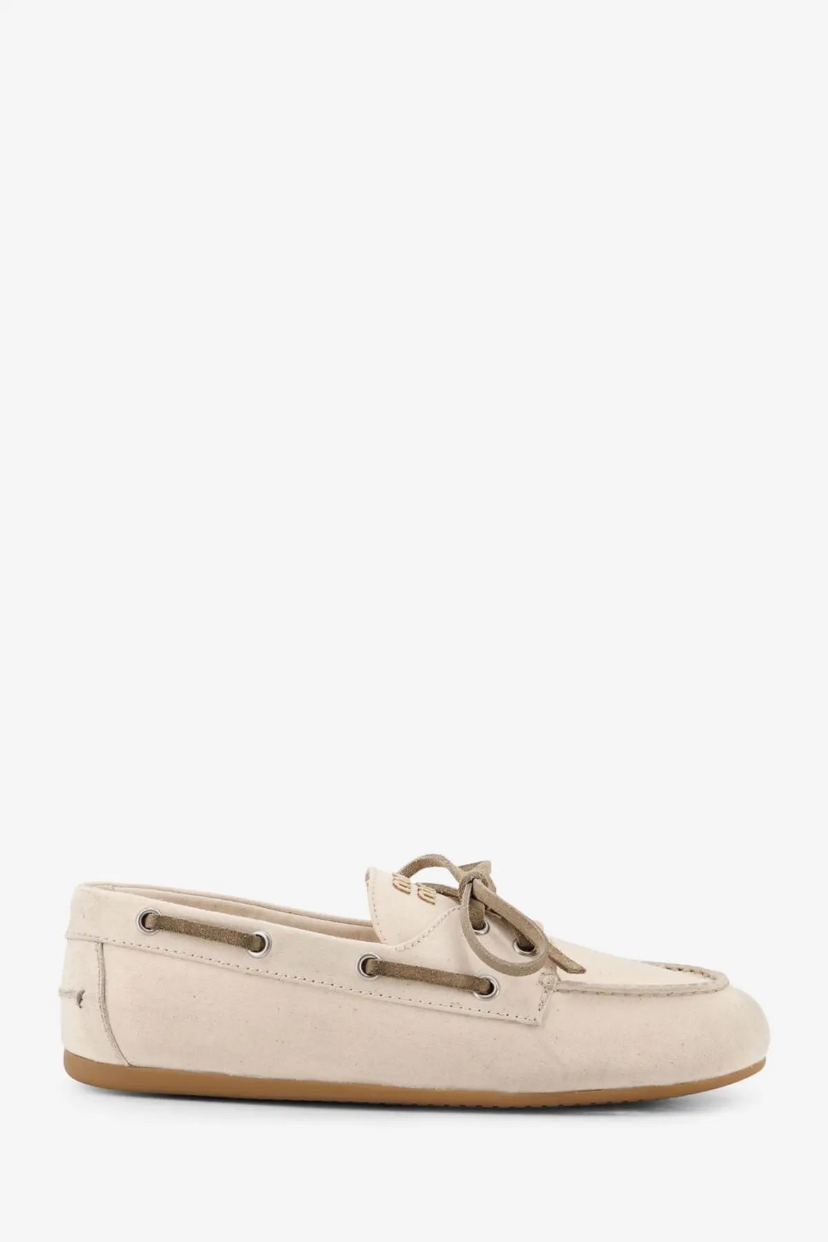 Miu Miu women’s beige suede loafers with tan laces and matching rubber sole in fabric loafer style white model