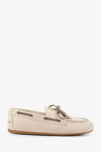 Miu Miu women’s beige suede loafers with tan laces and matching rubber sole in fabric loafer style white model