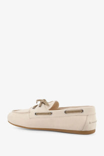Miu Miu women’s fabric loafers white cream-colored suede boat shoe with tan laces and matching rubber sole
