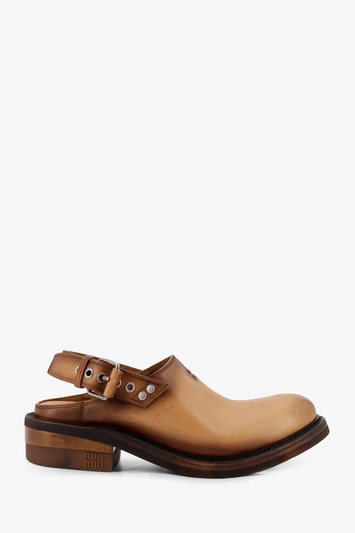 Miu miu women’s beige tan leather clog sandals with buckle strap and silver toned hardware