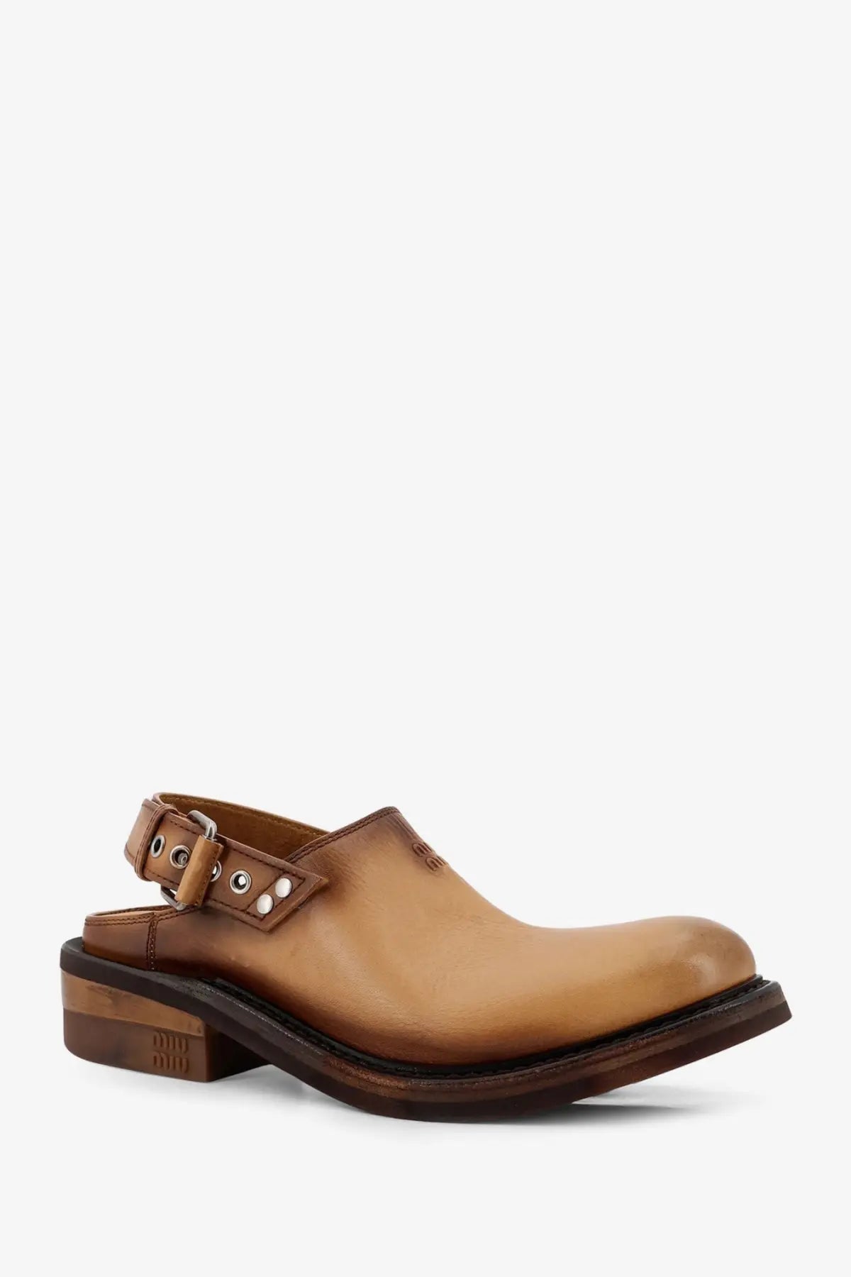 Miu Miu women’s foulé leather sabot sandals in beige tan leather with buckle strap and dark brown sole