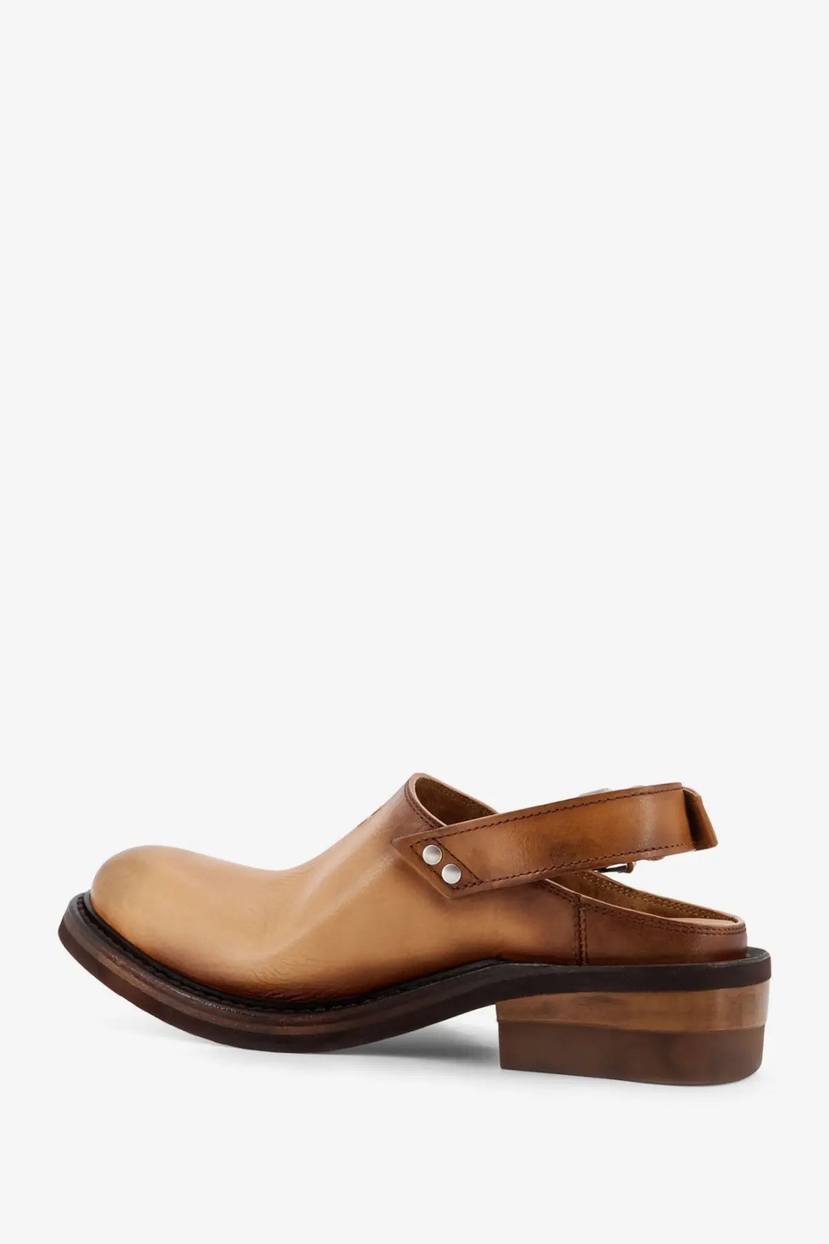 Miu Miu women’s beige tan leather clog sandals with low block heel and adjustable strap secured by silver studs