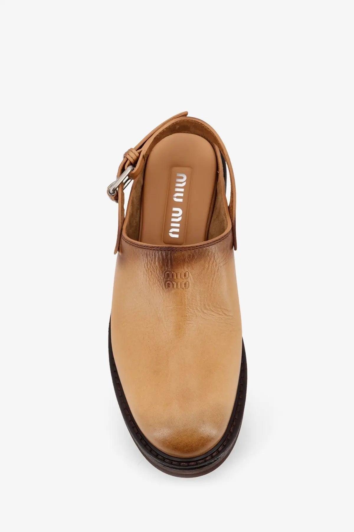 Miu Miu women’s foule leather sabot sandal in beige with tan leather slingback and adjustable ankle strap