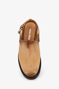 Miu Miu women’s foule leather sabot sandal in beige with tan leather slingback and adjustable ankle strap