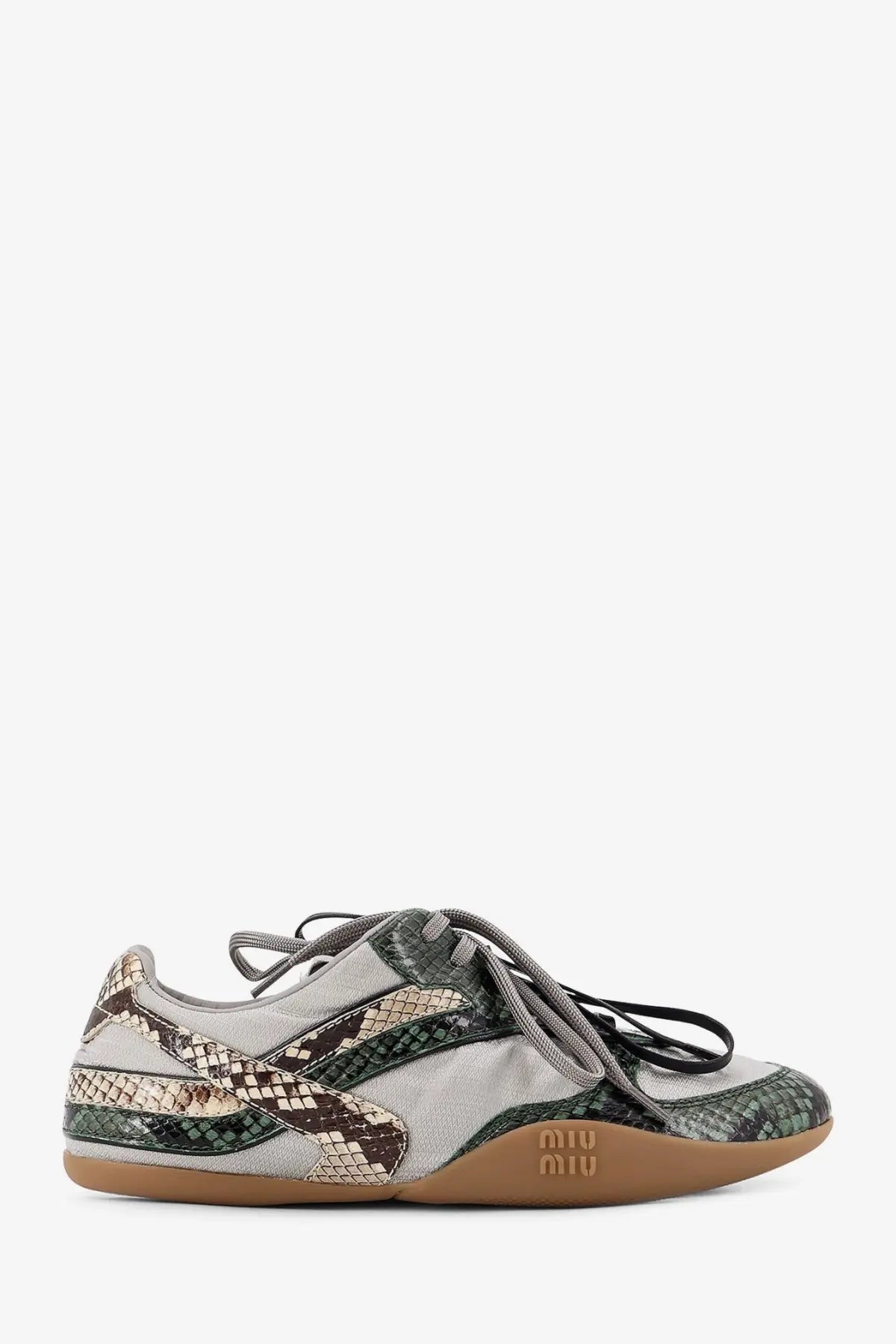 Miu miu women’s gymnasium sneaker in gray and green snake-print technical fabric with tan rubber sole