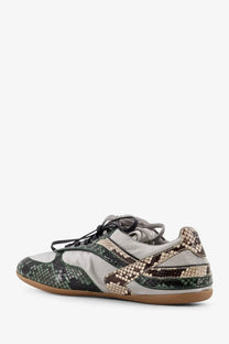 Miu Miu women’s gymnasium sneaker with gray and brown python print suede upper and black laces rubber sole