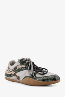 Miu Miu women’s gymnasium sneaker with silver leather upper and green beige python print panels gray tan sole