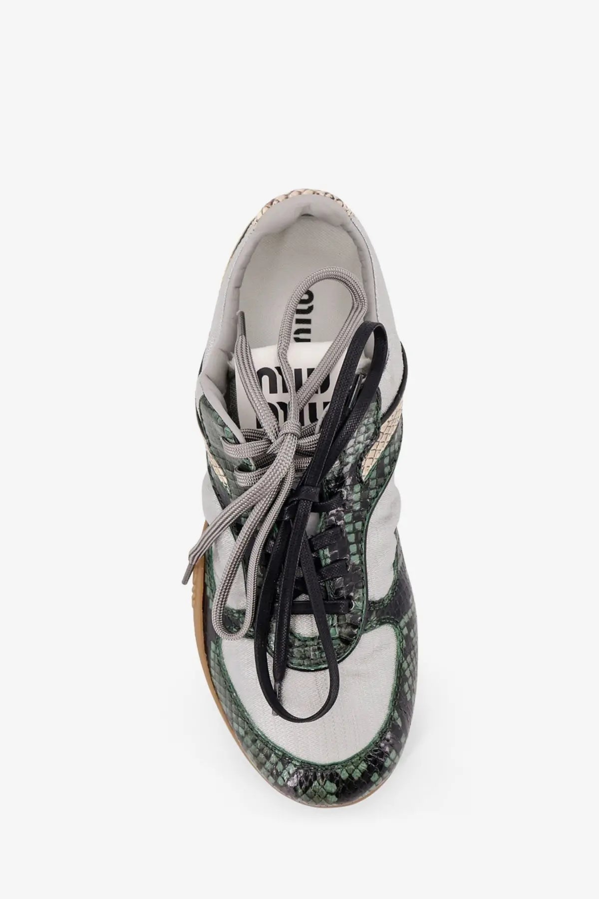 Miu Miu women’s gymnasium sneakers with green and white python print and black laces in technical fabric