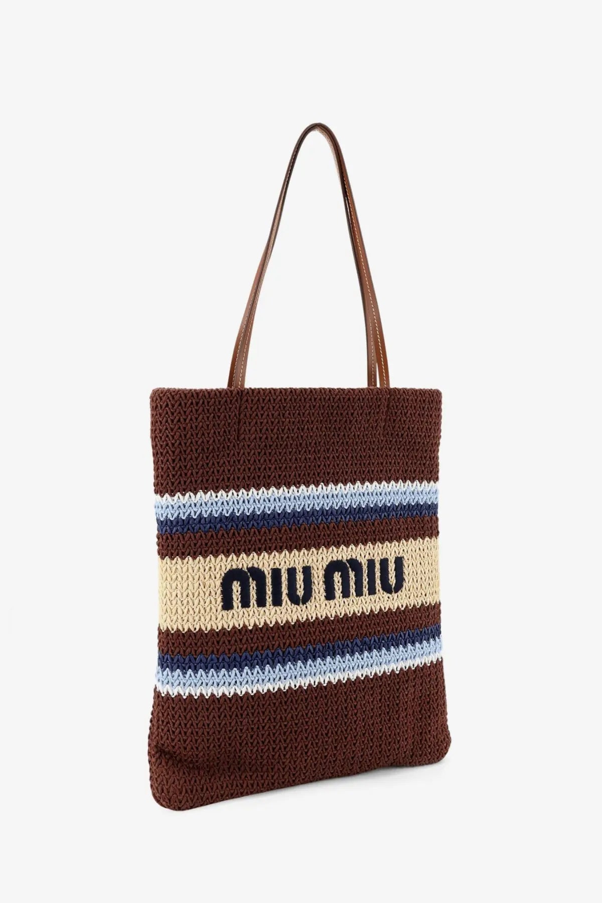 Miu Miu women’s brown crocheted tote bag with beige navy and light blue stripes and black miu miu logo