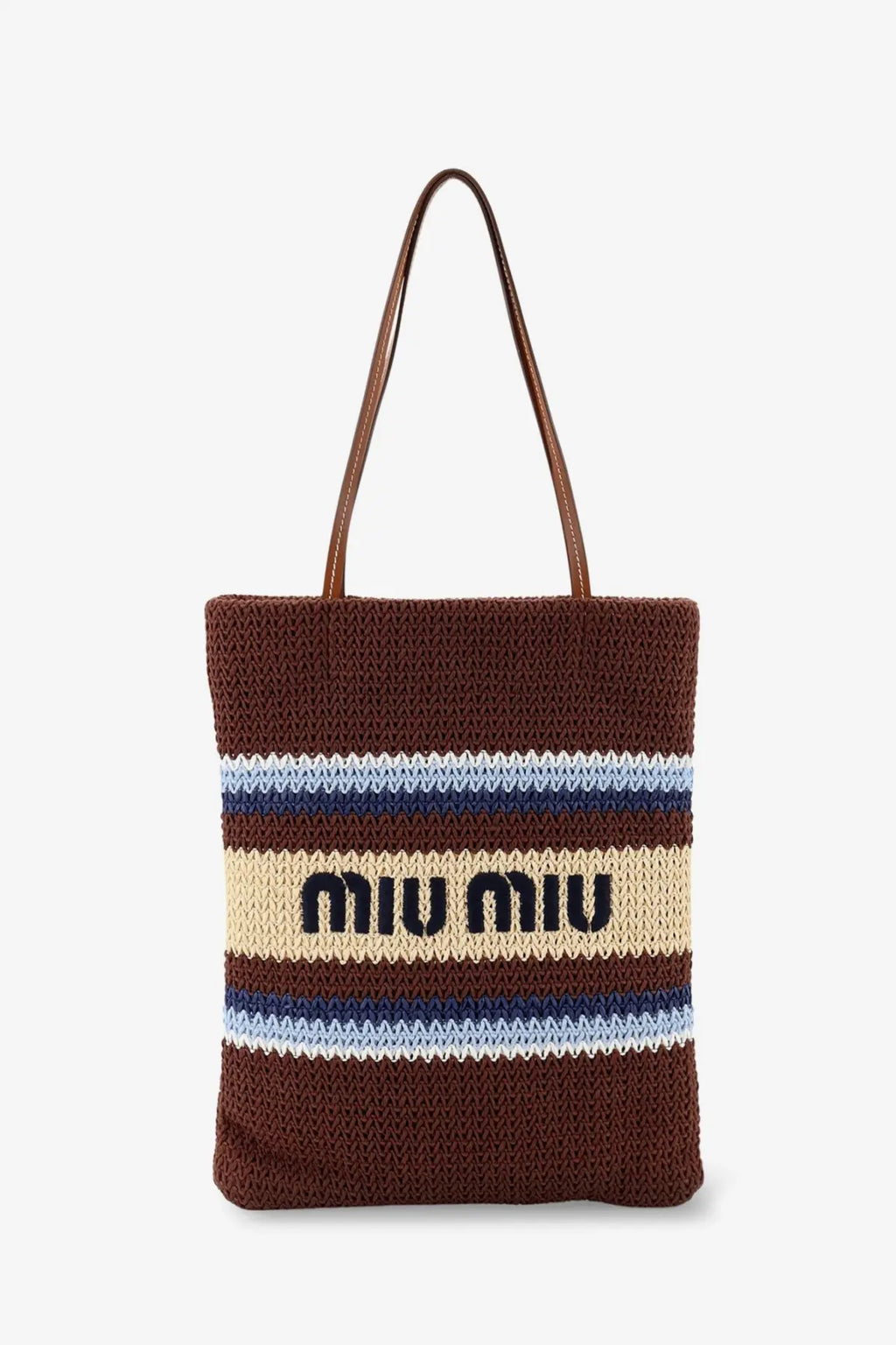 Miu Miu women’s brown crocheted tote bag with beige navy and light blue stripes and black miu miu logo centerpiece