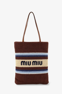 Miu Miu women’s brown crocheted tote bag with beige navy and light blue stripes and black miu miu logo centerpiece