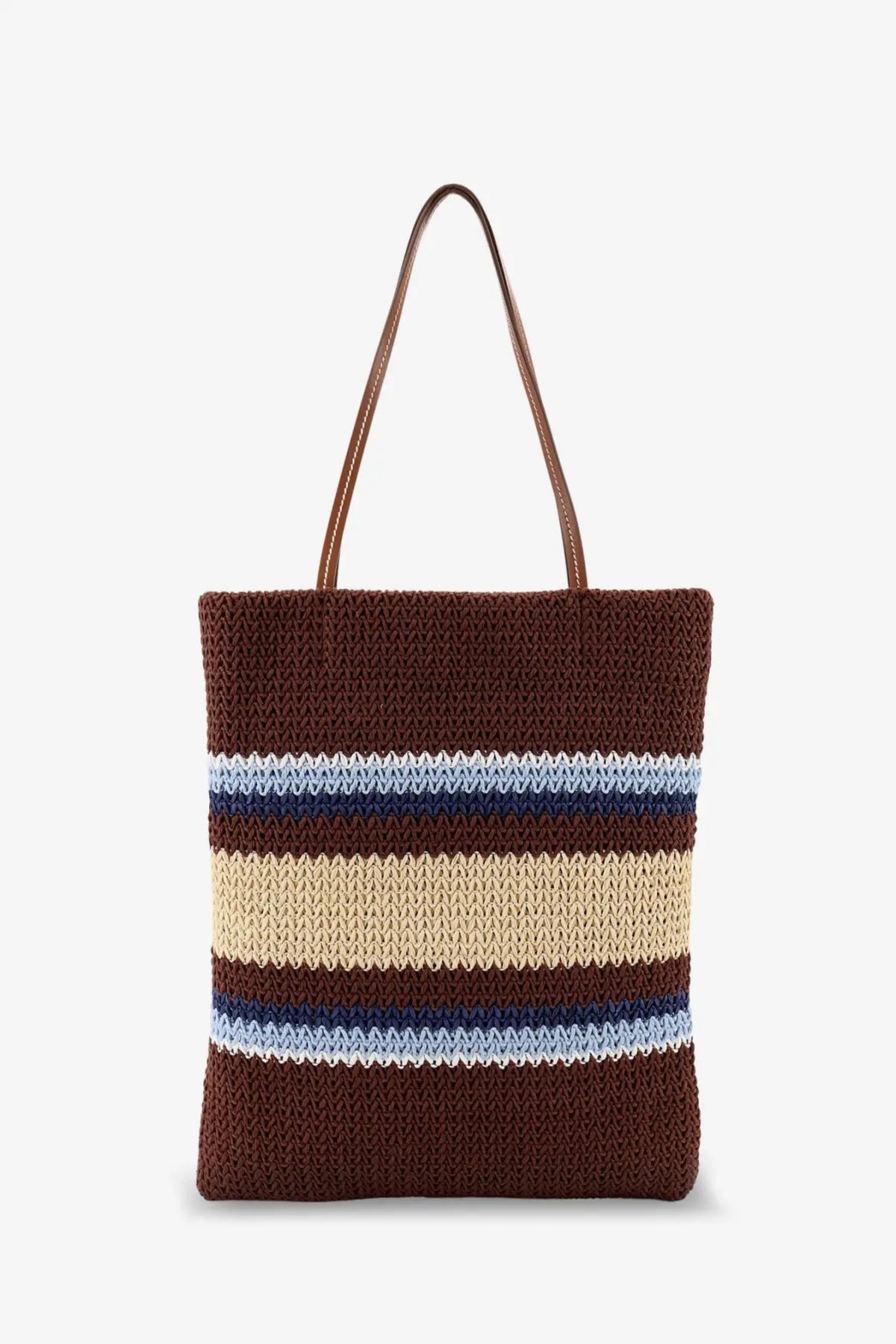 Miu miu women’s knitted shopping bag brown with beige navy and light blue stripes and tan leather handles