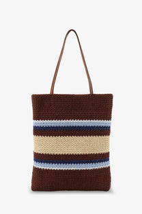 Miu miu women’s knitted shopping bag brown with beige navy and light blue stripes and tan leather handles