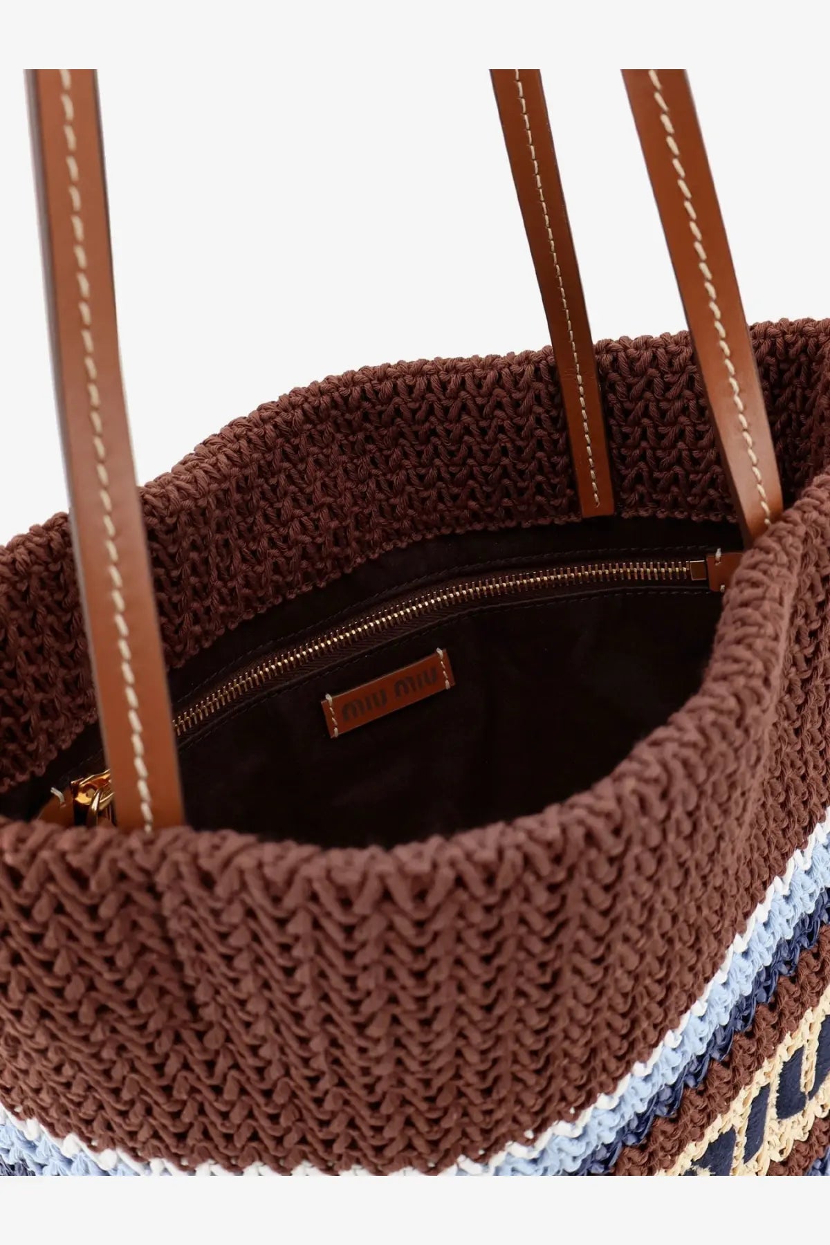 Miu Miu women’s brown knitted shopping bag with striped blue white beige pattern and tan leather handles