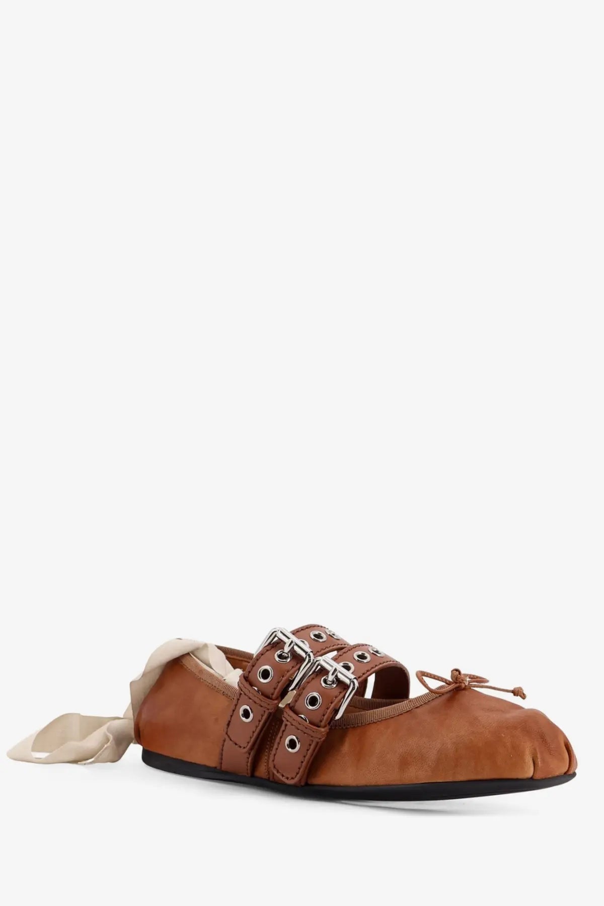 Miu Miu women’s beige leather ballerinas flat shoe with two silver buckle straps and tied ribbon detail at toe