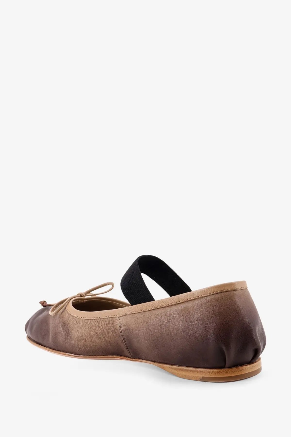 Miu Miu women’s leather ballerinas in brown satin with black elastic strap and beige bow detail
