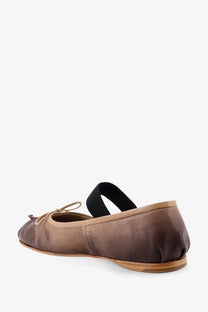 Miu Miu women’s leather ballerinas in brown satin with black elastic strap and beige bow detail