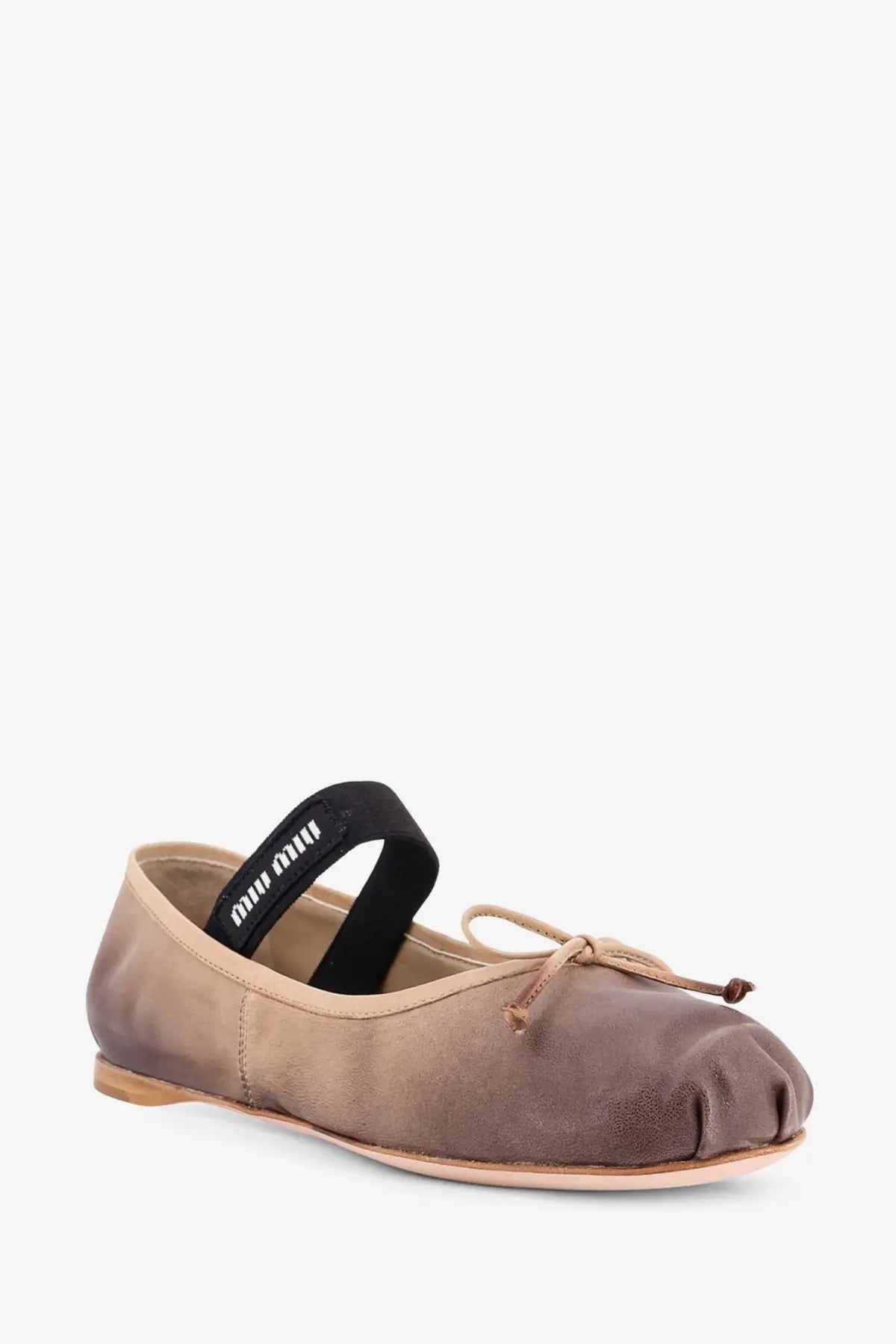 Miu Miu women’s brown suede leather ballerina flat with black elastic strap and beige bow detail