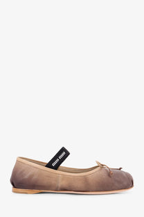 Brown suede miu miu women’s leather ballerinas with black elastic mary jane strap featuring miu miu logo