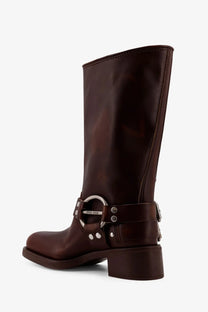 Miu Miu women’s dark brown leather boots with a silver-toned buckle and rivets detailing