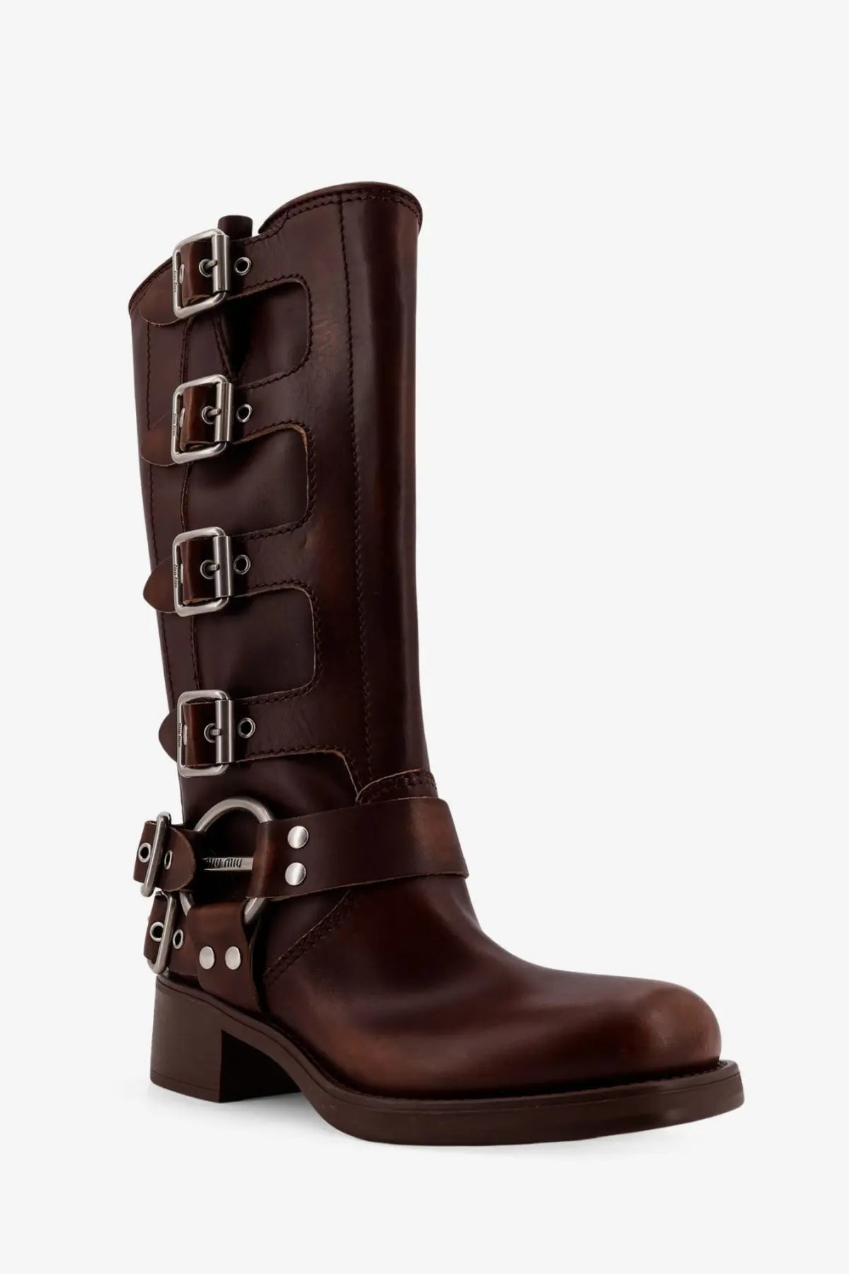 Miu Miu women’s dark brown leather knee-high boot with silver-toned buckles and chunky heel