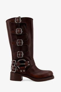 Miu Miu women’s dark brown leather knee-high boots with multiple silver buckles and a chunky heel