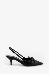 Miu Miu women’s black leather slingback pump with pointed toe and small bow detail at the front