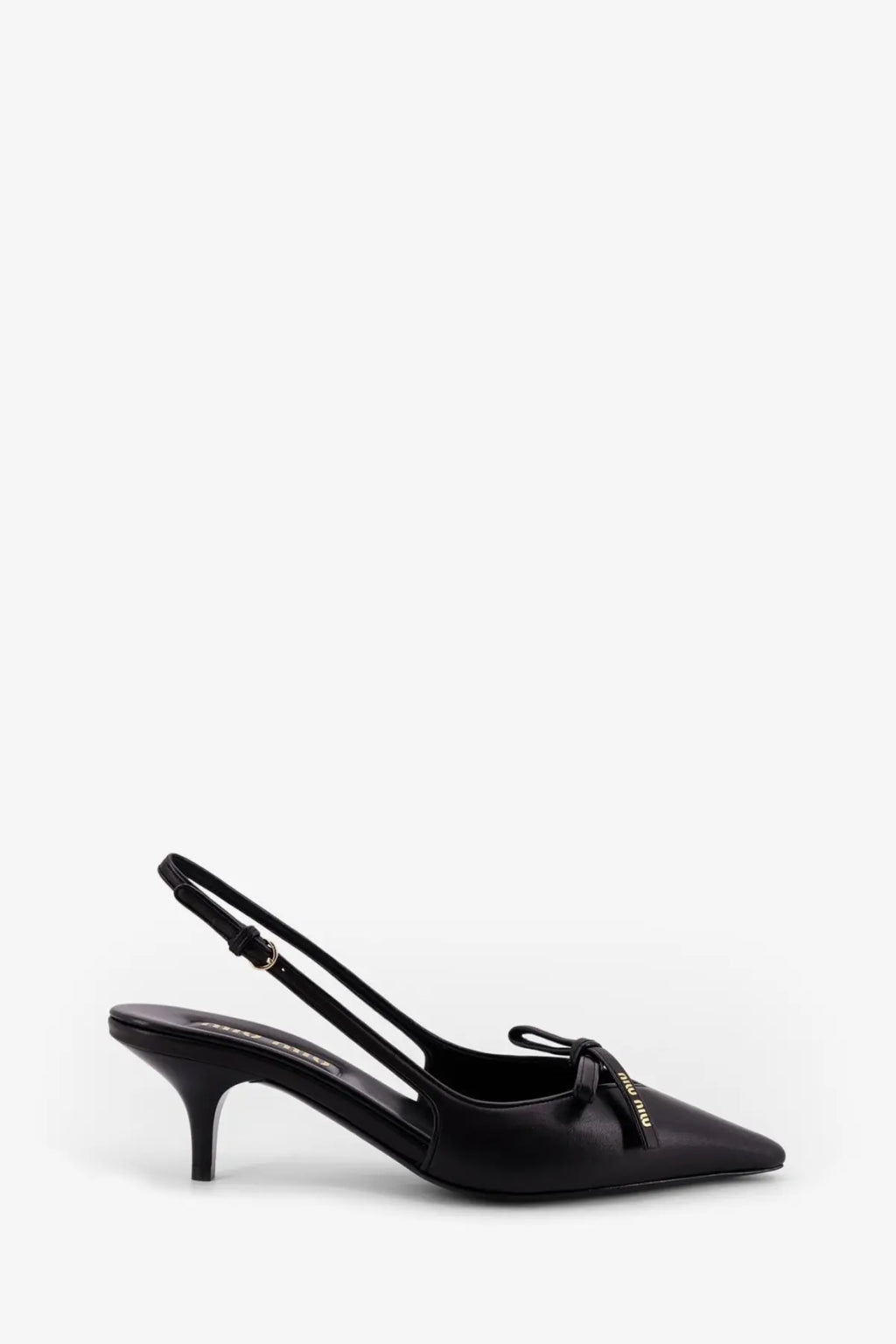 Miu miu women’s black leather slingback pump with pointed toe and small bow detail at the front