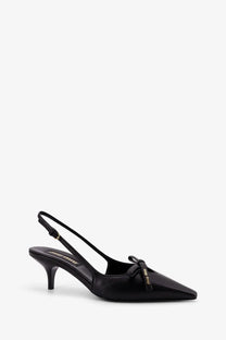 Black miu miu women’s leather écolleté slingback pump with pointed toe and small bow detail