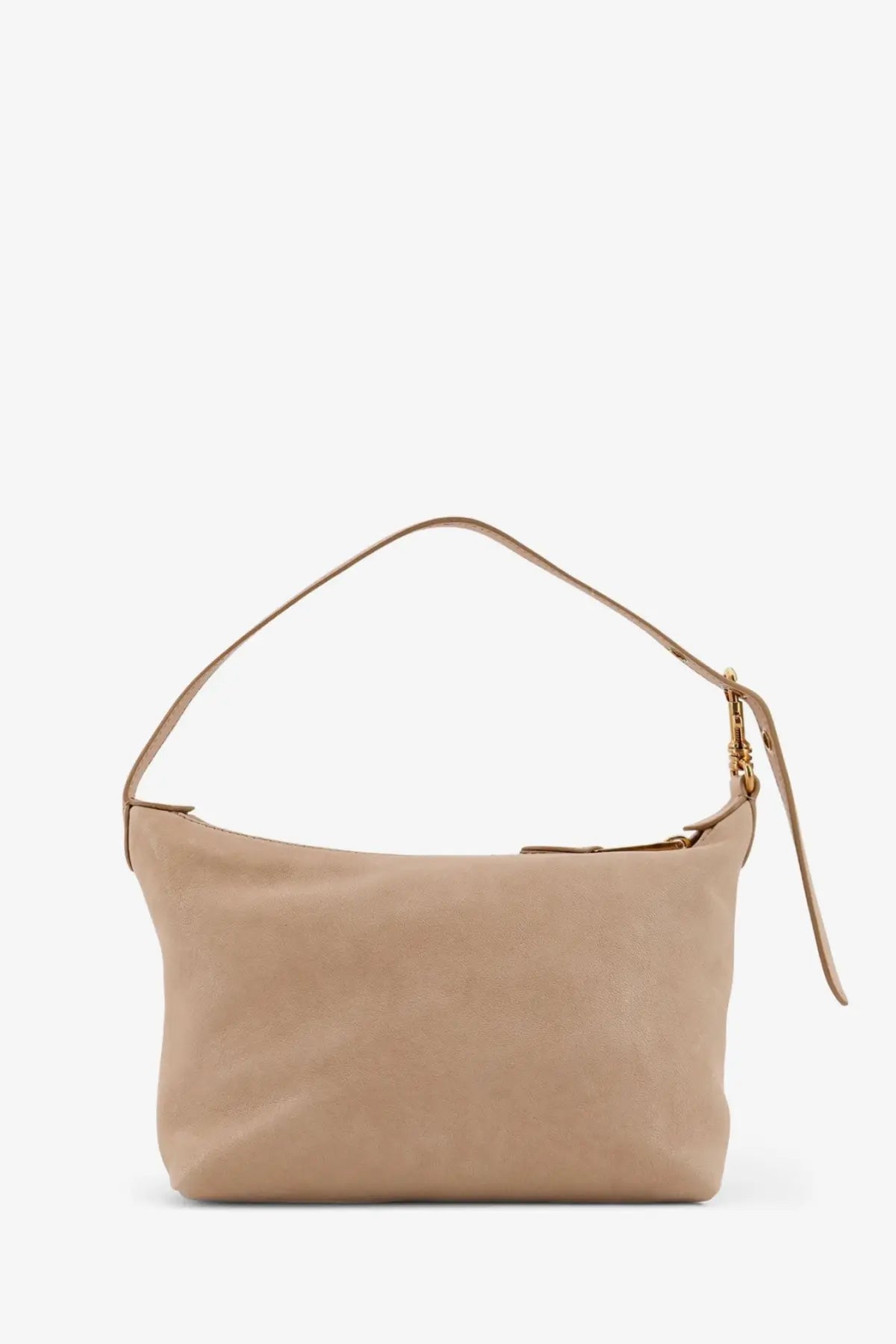 Miu Miu women’s beige leather hobo bag with single shoulder strap and gold-tone zipper hardware