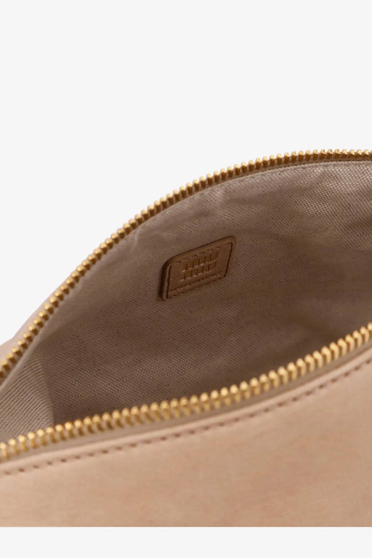 Beige suede miu miu leather pouch handbag with gold-tone zipper and interior leather patch for women