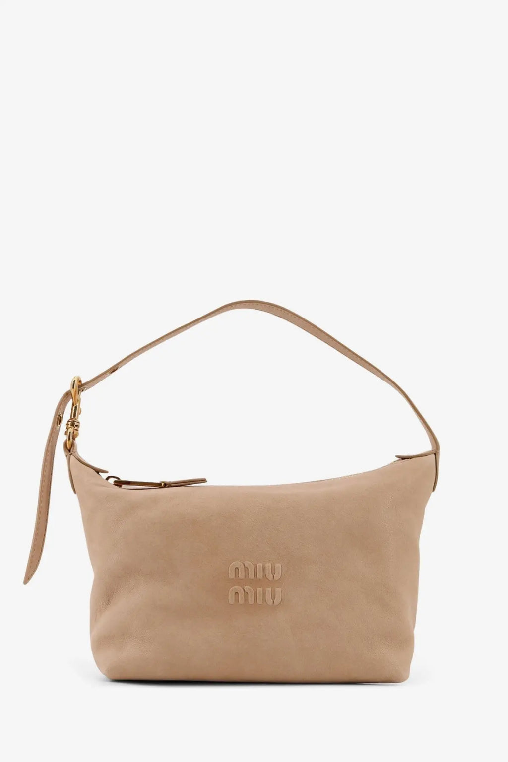 Beige suede miu miu shoulder bag with gold-tone hardware and embossed logo for women’s leather pouch handbag