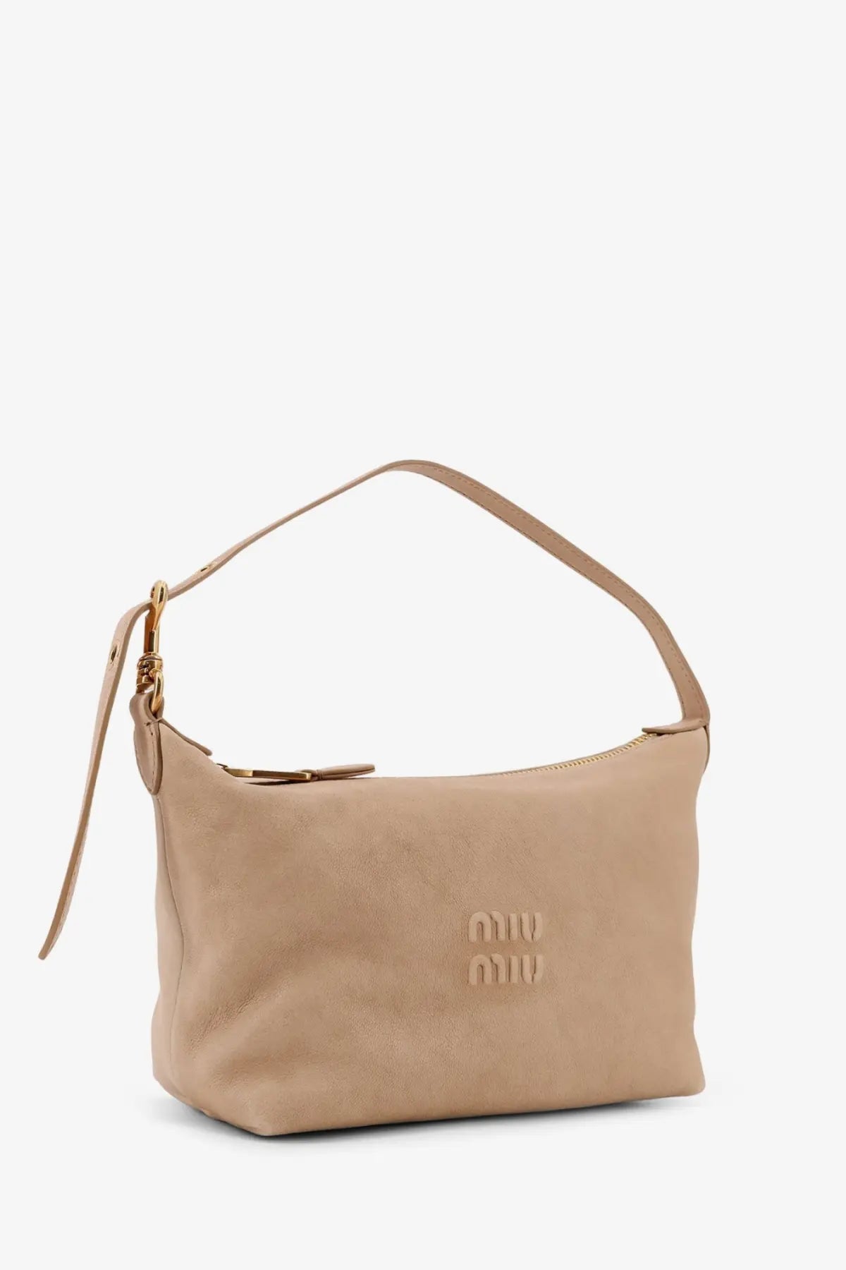 Beige suede Miu Miu shoulder bag with gold-tone hardware and embossed logo for women