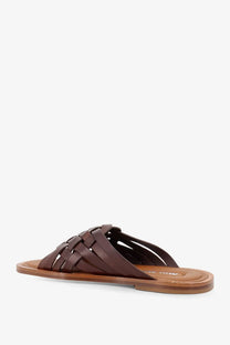 Miu Miu women’s brown leather slide sandal with woven strap design for casual wear