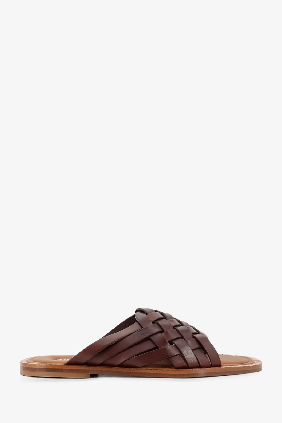 Miu Miu women’s brown woven leather slide sandals with flat sole perfect for casual wear