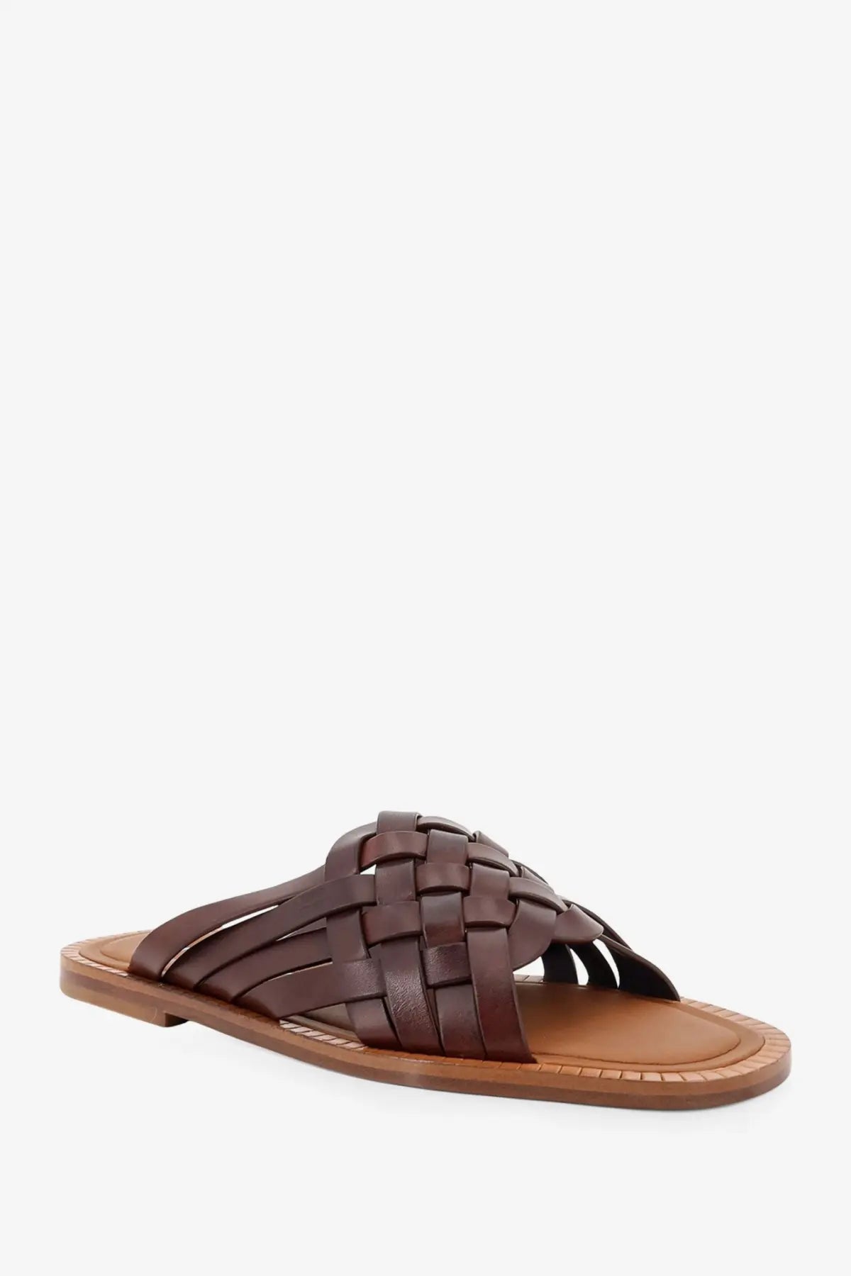 Miu Miu women’s brown leather slide sandal with woven detail and flat sole for casual wear
