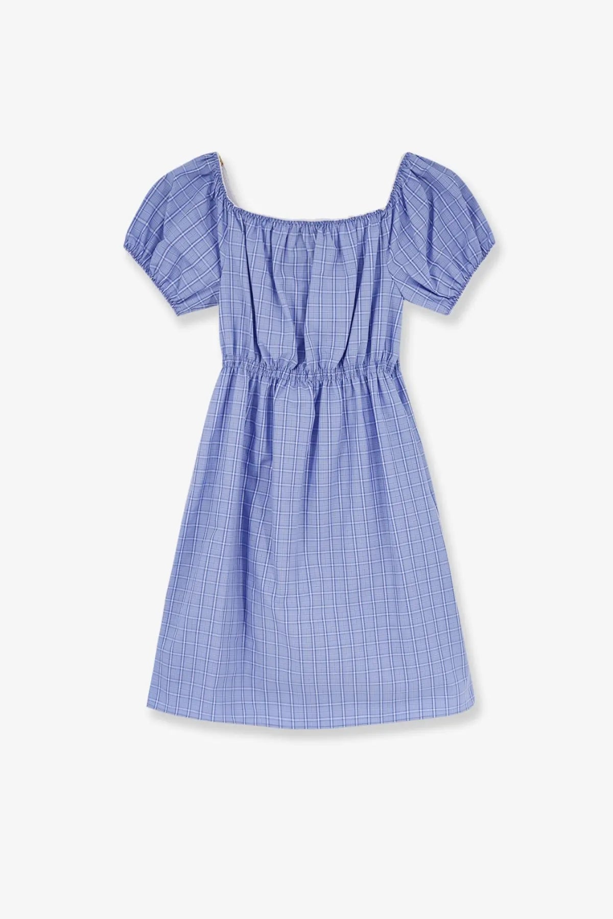 Miu Miu women’s madras cotton mini dress in light blue and white checkered pattern with puffed sleeves and square neckline