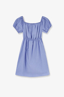 Miu Miu women’s madras cotton mini dress in light blue and white checkered pattern with puffed sleeves and square neckline