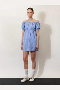 Miu Miu women’s madras cotton mini dress in light blue and white checkered off-the-shoulder style with puffed sleeves