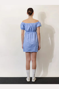 Blue and white checkered off-the-shoulder cotton mini dress with puffed sleeves by Miu Miu for women